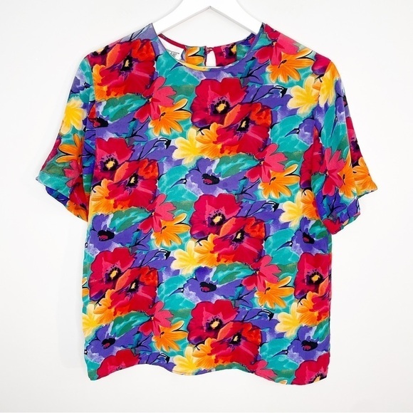 Vintage Tops - VINTAGE Floral Silk Colorful Blouse Size Small